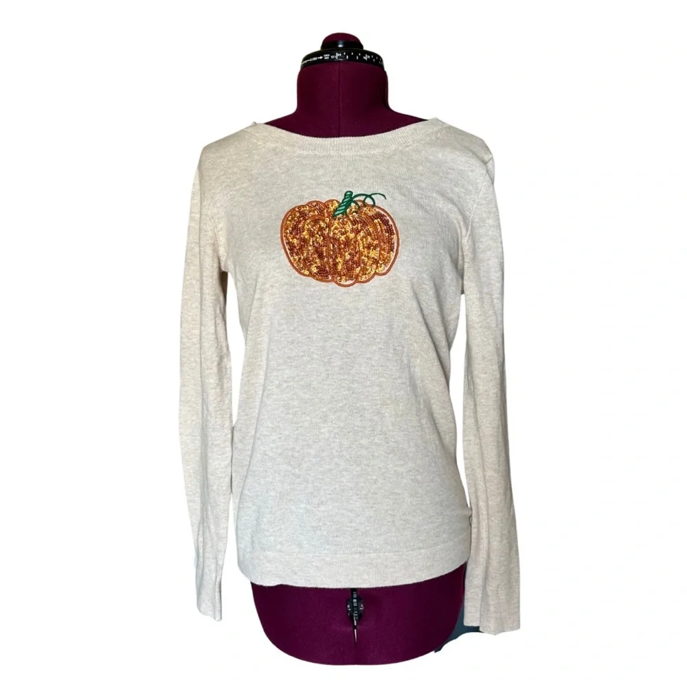 J. Crew Cream Crewneck Sweater with Embroidered Orange Pumpkin
